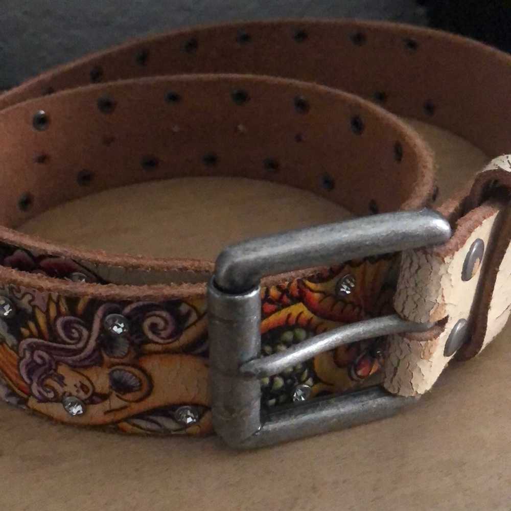 Ed Hardy leather belt with stones and fish design